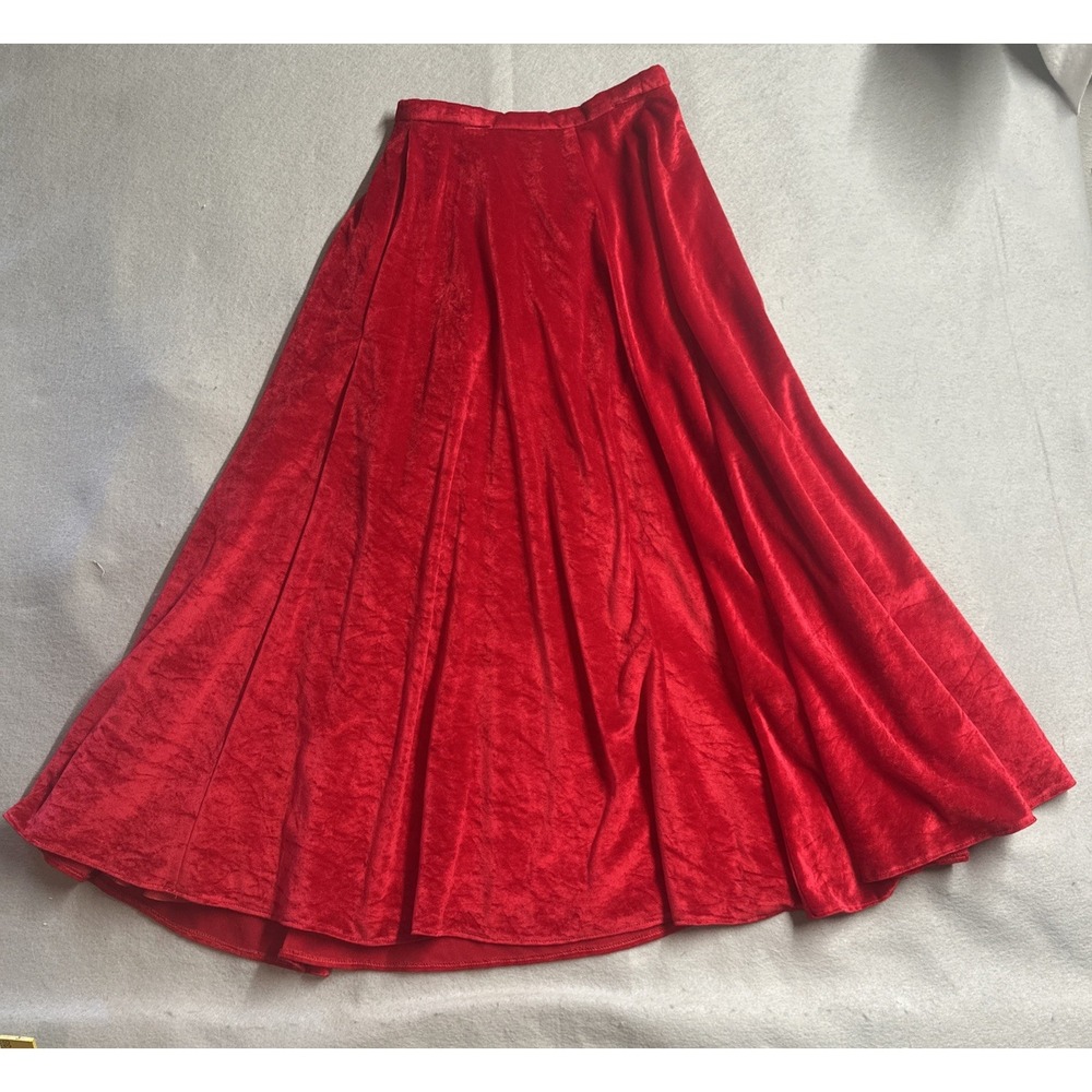 Vintage High Waist A-Line Xscape Ruby Red Velvet Whimsical Maxi Skirt XS